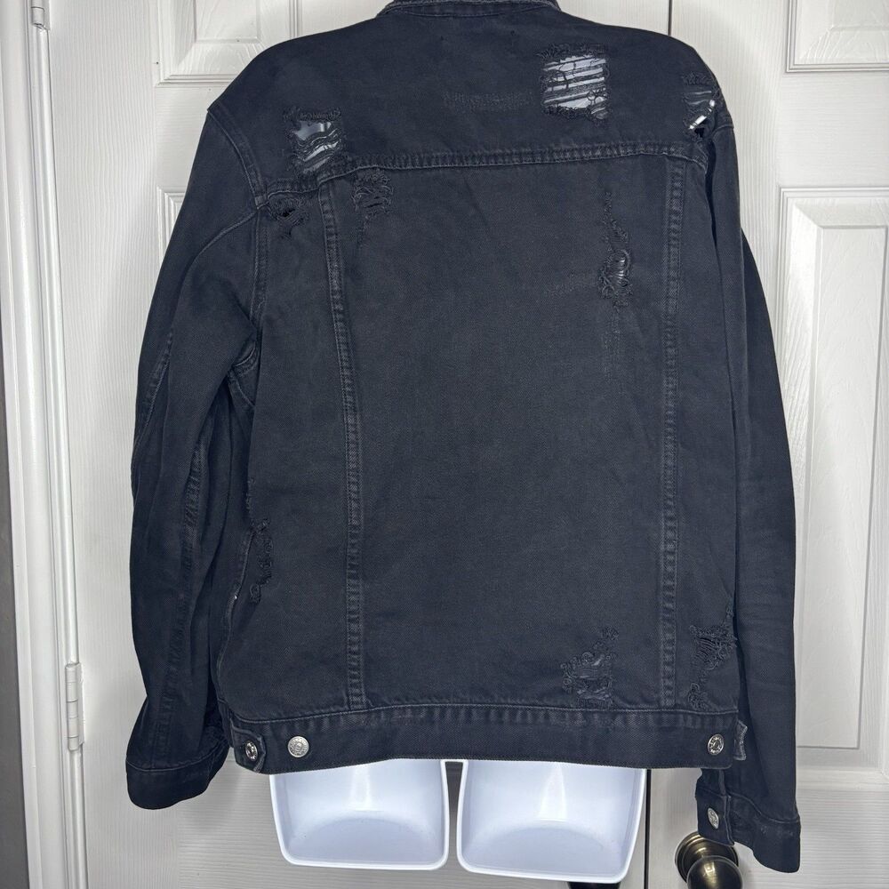 PacSun Large Black Distressed Denim Jacket Button Front Grunge Streetwear